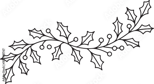 Minimal line art holly branch with leaves and berries, festive botanical design!