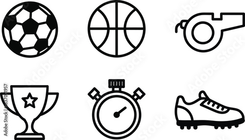 Essential collection of sports equipment and game icons, featuring soccer and basketball elements with referee tools and athletic awards, ideal for modern digital design and web interfaces