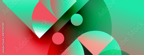 Abstract composition featuring vibrant shapes, colors blend smoothly. Red, green hues dominate, creating dynamic visual effect. Circles intersect with angled forms.