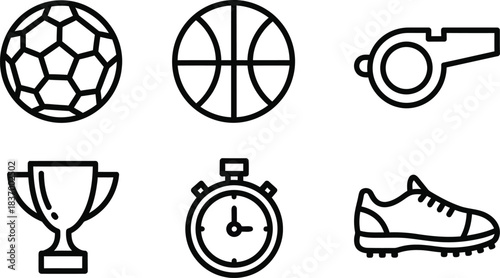 Set of six sports icons including a soccer ball, basketball, whistle, trophy, stopwatch, and shoe