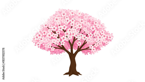 A stylized illustration of a cherry blossom tree with a brown trunk and pink flowers