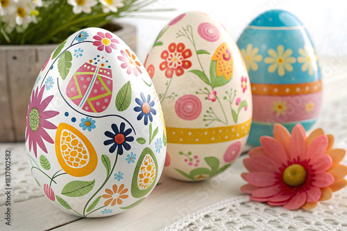 Colorful painted Easter eggs in a basket with spring flo