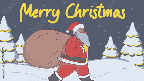Illustration of santa claus carrying a sack through a snowy landscape with christmas trees and merry christmas text