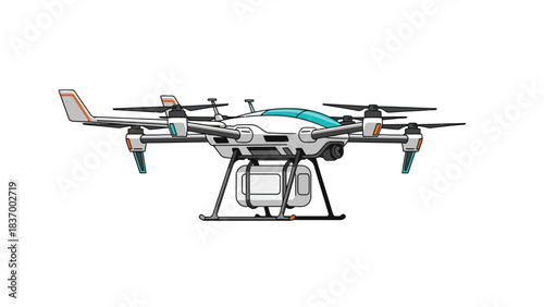 A white drone with cyan accents and attached payload