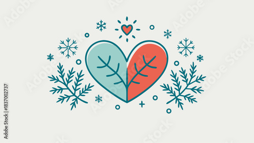 Winter heart illustration with leaf veins and surrounding snowflakes symbolizing love, cold and seasonal emotions