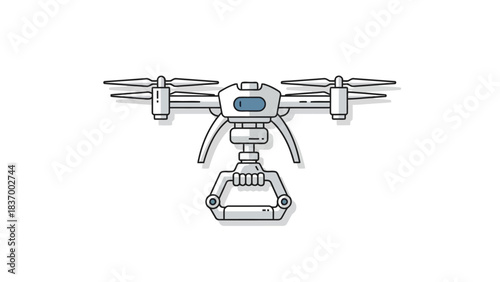 A white drone with four propellers and a gripper attached