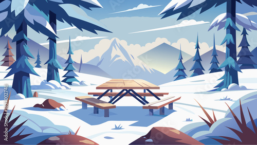 Wooden picnic table in a snowy forest clearing with pine trees and mountain landscape under a winter sky