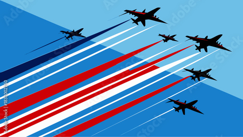 Silhouettes of fighter jets flying in formation with red, white and blue trails against a geometric blue sky background