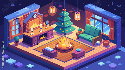 Cozy Christmas living room with fireplace, decorated tree, gifts and warm lights in a festive winter setting