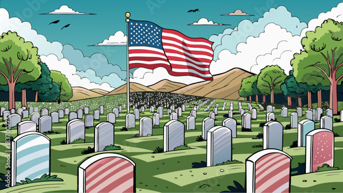 American flag waving over military cemetery with rows of gravestones and scenic mountain background