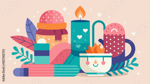 Cozy winter composition with candles, warm clothing, hot drink and decorative leaves in bright flat style