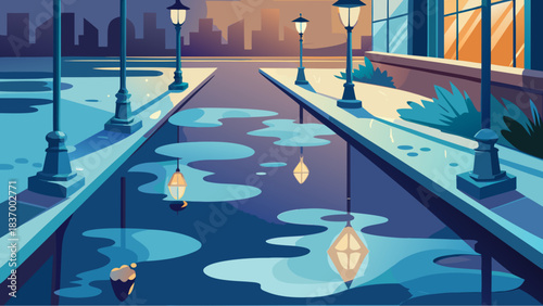 Empty city street at dusk with puddles reflecting streetlights and buildings in a calm rainy atmosphere