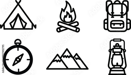 Collection of camping and adventure icons including tent, campfire, backpack, compass, mountains, and lantern for outdoor activities