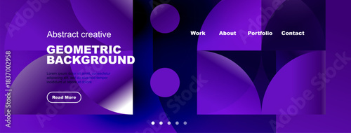 Abstract geometric background design. Purple gradients, text elements, navigation menu present. Modern, stylish visual composition.
