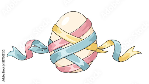 An Easter egg is wrapped in colorful ribbons and lies horizontally
