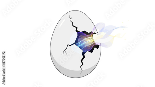 An egg cracks open revealing a galaxy and colorful wisps