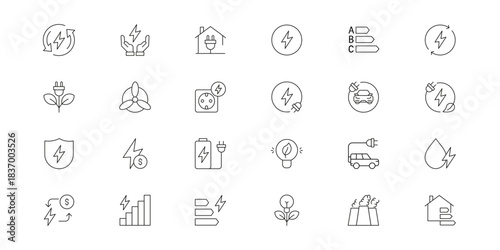 Energy, electricity, and power line icon set. Vector pictograms of wind turbines, solar panels, electric plugs, power plants, lightbulbs, and batteries, thin line icon. Vector Illustration.