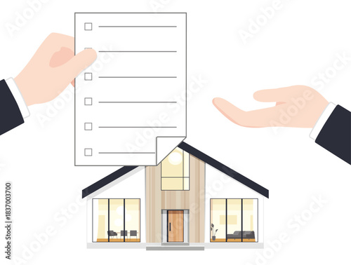 Vector illustration of real estate document handover with modern Scandinavian home, property contract concept, flat design, front view. モダンなスカンジナビアの家、不動産契約のコンセプト、フラットなデザイン、正面から見た不動産文書の引き渡しのベクターイラスト