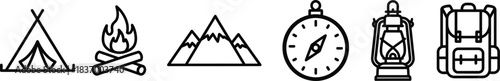Collection of essential camping and outdoor adventure line icons, including a tent, campfire, mountains, compass, lantern, and backpack, for nature exploration designs