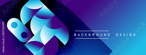 Abstract geometric shapes blend vibrant blues, purples. Modern design suggests technology, innovation, dynamic energy. Background features text elements.
