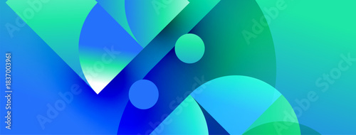 Abstract composition features vibrant blue, turquoise gradients. Overlapping circles create dynamic visual flow, modern aesthetic.