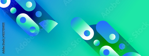 Abstract vibrant shapes, blue, turquoise gradients. Modern design elements create dynamic visual flow. Smooth transitions, clean aesthetic.