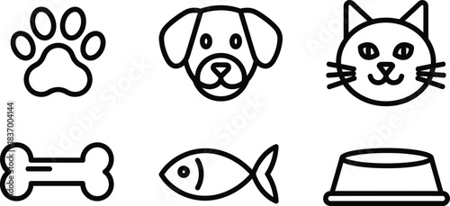 Collection of pet-related icons including a paw print, dog face, cat face, bone, fish, and food bowl