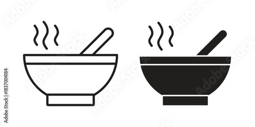 Bowl of soup icons in black glyph and liner versions for design.