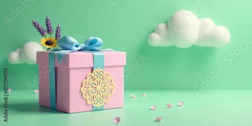 A pink gift box adorned with a light blue ribbon, delicate flowers, and an ornate tag, sits on a mint green surface, with stylized clouds softly blurred in the background.