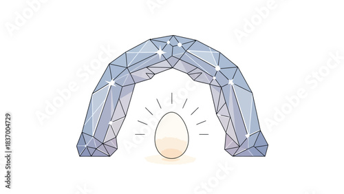 Arch of geometric shapes frames glowing egg