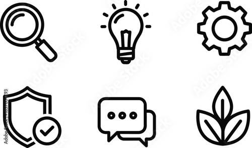 Set of 6 outline icons for search, idea, settings, protection, communication, and growth