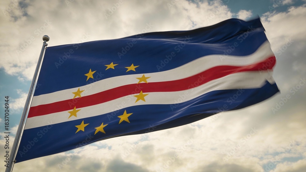 Obraz premium Cape Verde's national flag flutters in the wind, displaying vibrant colors and stars, perfect for travel-themed projects or cultural presentations.