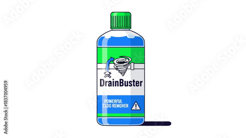 Bottle of DrainBuster clog remover with swirling vortex and skull graphic