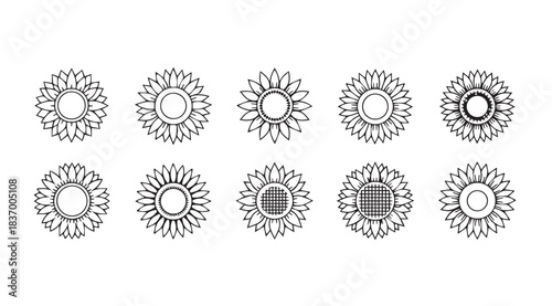 Collection of ten stylized decorative sunflowers hand-drawn floral elements for design vector