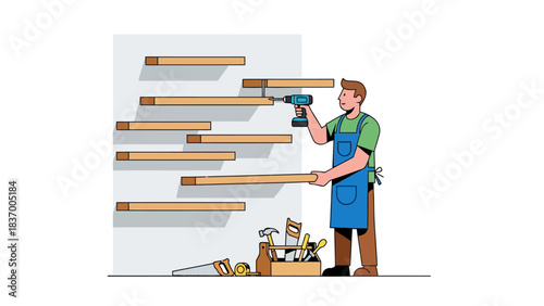 Carpenter installing shelves with a drill and tools