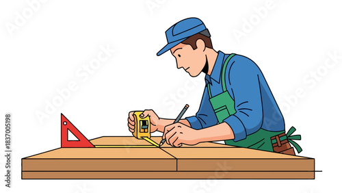 Carpenter measuring wood with a tape measure and pencil