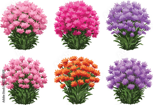 Collection of six flowering plant clusters with pink, purple, orange, and bluish-purple blossoms arranged in grid for garden design"