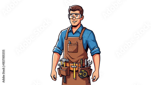 Carpenter with tools on apron and safety glasses