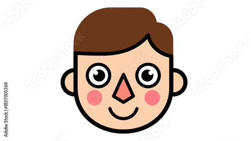 Cartoon boys face with brown hair big eyes pink cheeks and smiling mouth