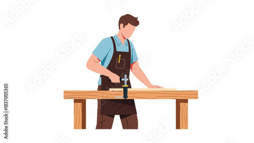 Carpenter working on a workbench with a plank