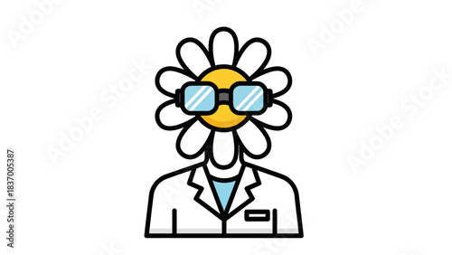 Cartoon daisy wearing glasses and a lab coat
