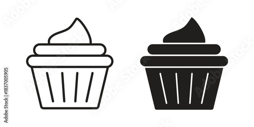 Cupcake icons in black glyph and liner versions for design.
