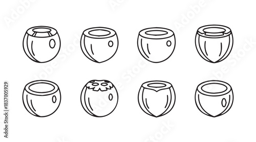Set of eight hand drawn coconut halves tropical fruit sketch isolated graphic elements vector