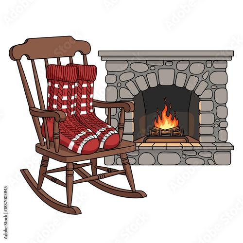 Cozy red socks resting on rocking chair by lit fireplace  