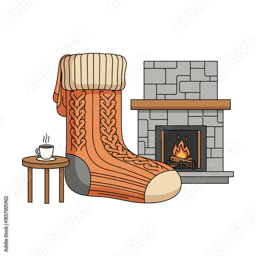 Giant cozy sock next to fireplace with cup on side table  