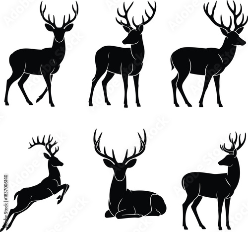Deer silhouette set, wild stag illustration, antler animal design, standing and sitting deer poses, cad drawing flat vector illustration