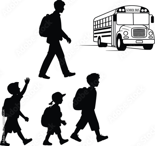 Children with backpacks walking, school bus illustration, students going to school, education vector design, cad drawing flat vector illustration