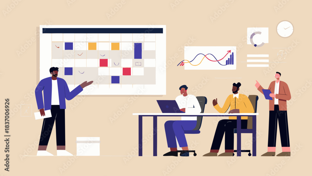 Obraz premium A presentation with a calendar and charts with a group of people in a meeting room setting shown