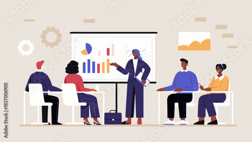 Business presentation with a woman presenting data to a group of people in a meeting room setting