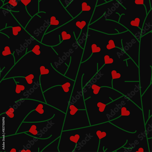 A seamless floral pattern with red hearts. Glowing love concept. Valentine's background.